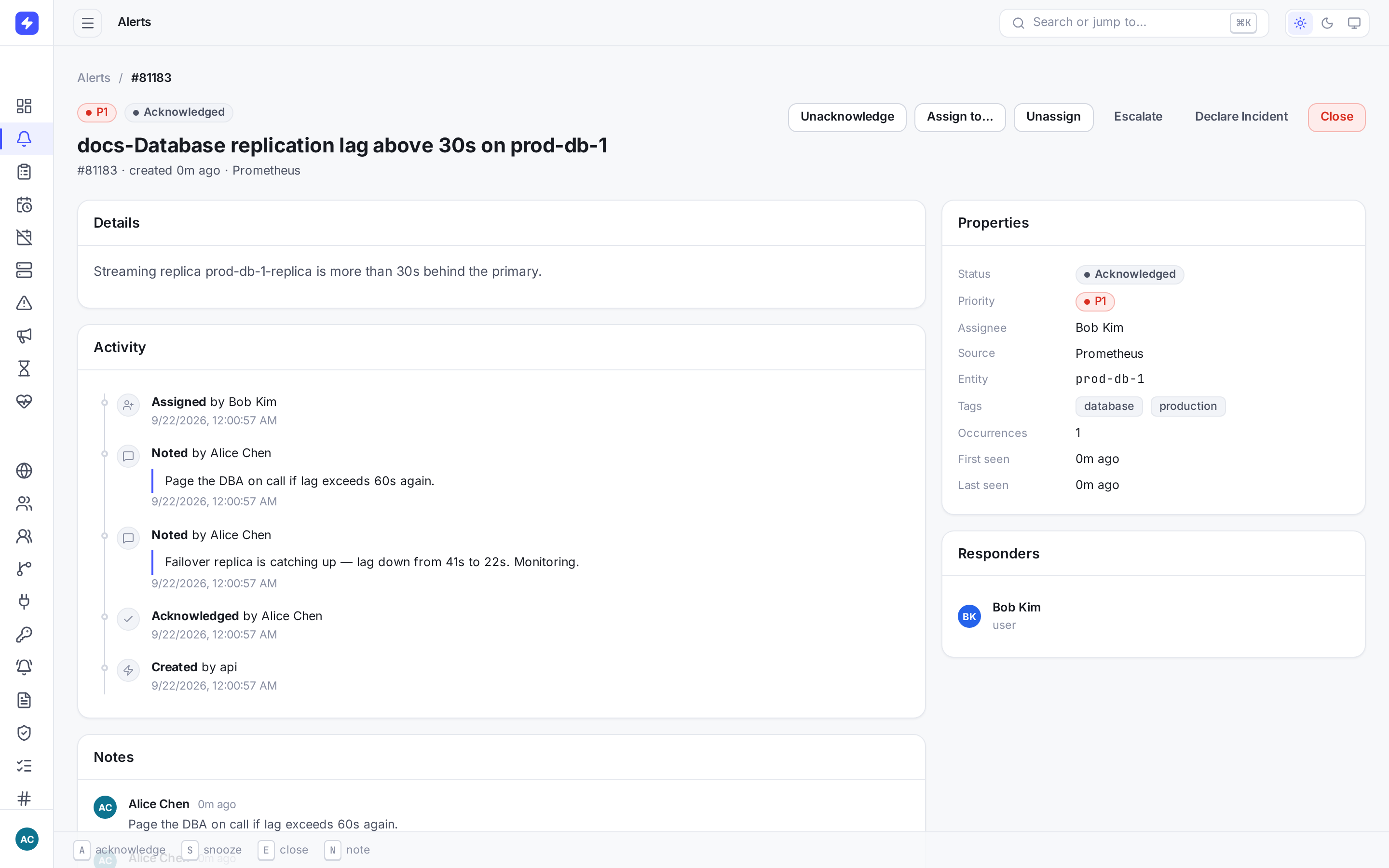 Alert detail page for a P1 database replication alert showing the activity timeline with acknowledgement, notes and assignment