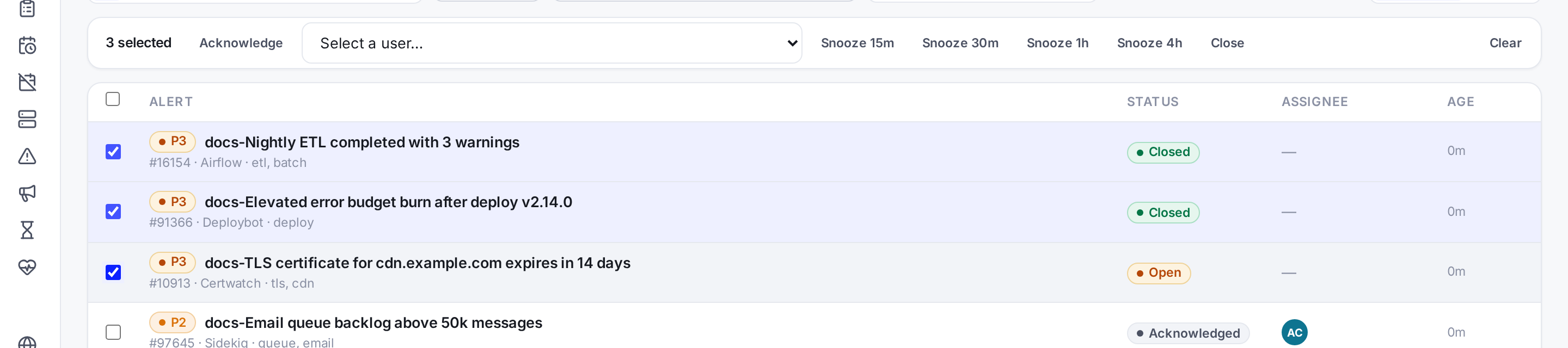 Bulk action bar with selected count, acknowledge and close buttons, snooze duration presets and an assign user picker