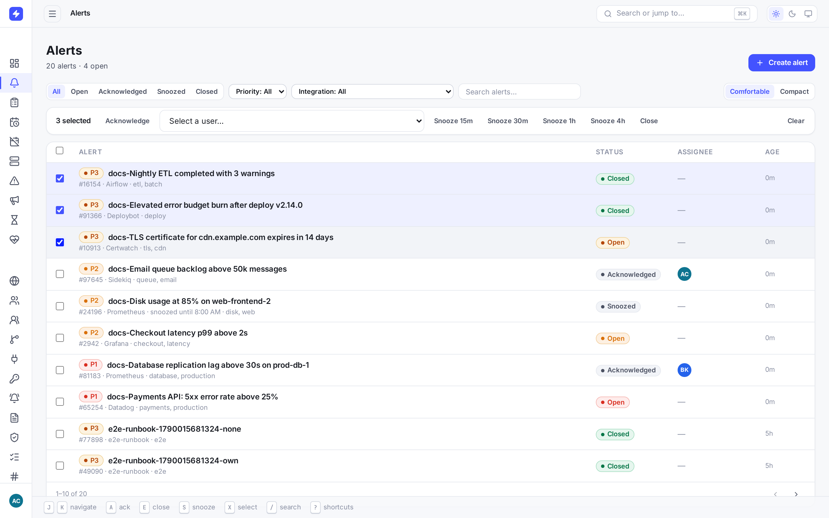 Alerts list with three rows checked and the bulk action bar visible at the top