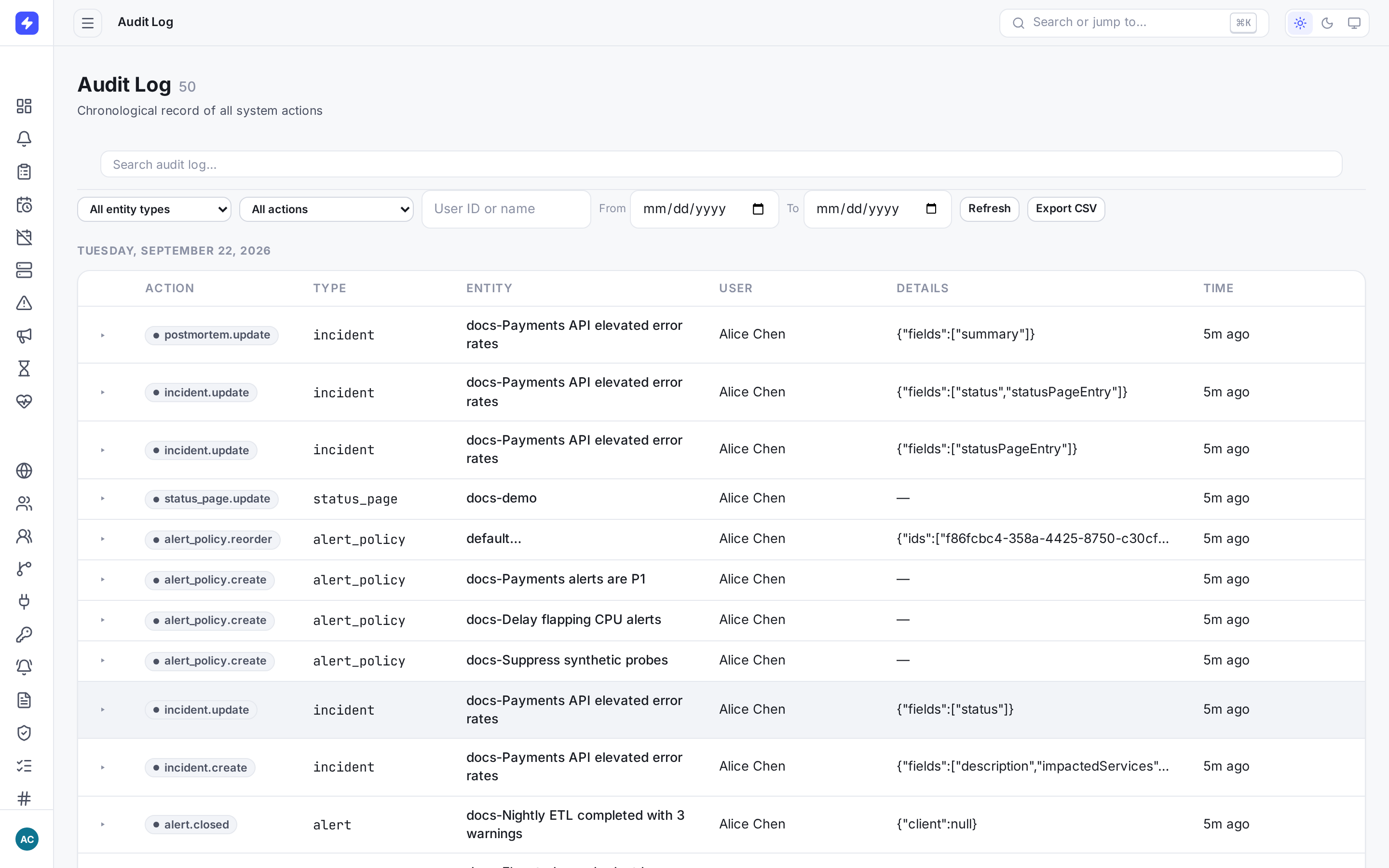 Audit log page with date-grouped entries and filter controls