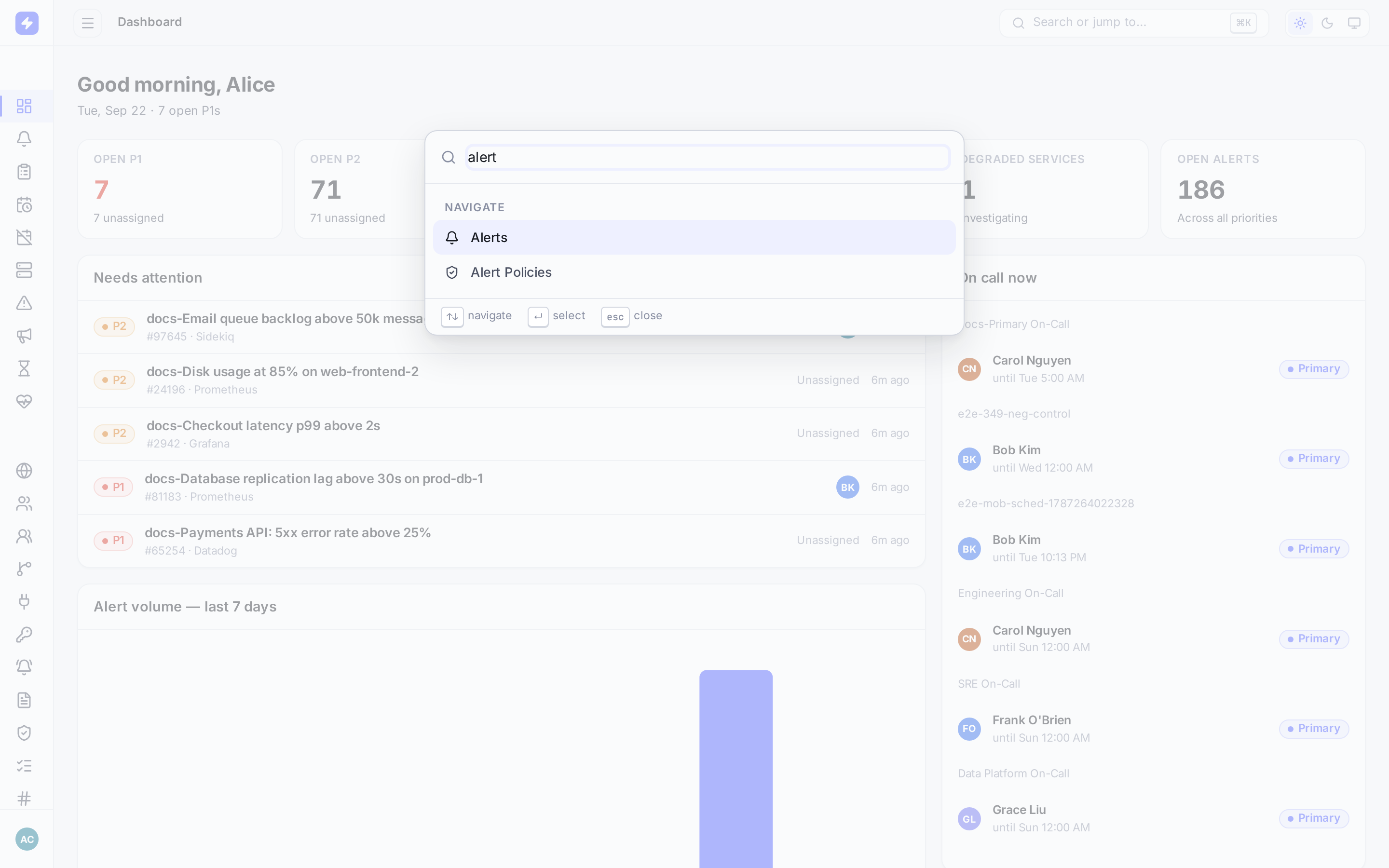 Command palette open with a search for alert showing matching navigation entries and alerts