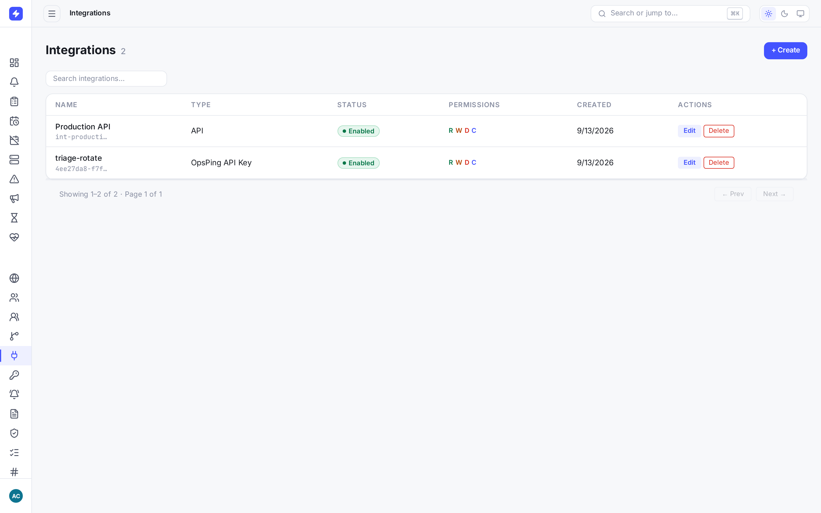 Integrations page listing API integrations with their permission scopes