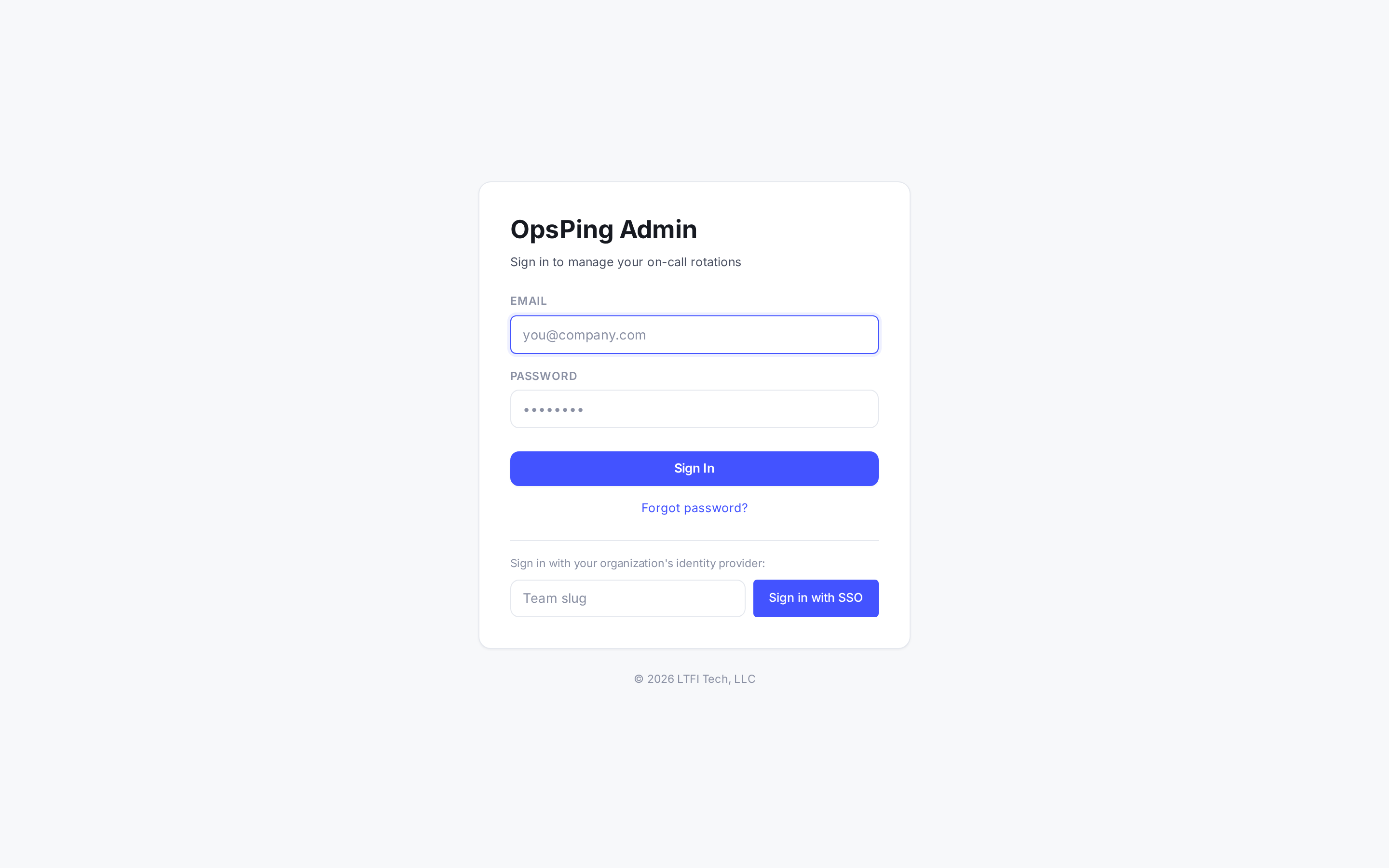 OpsPing Admin login page with email and password fields and a Sign In button