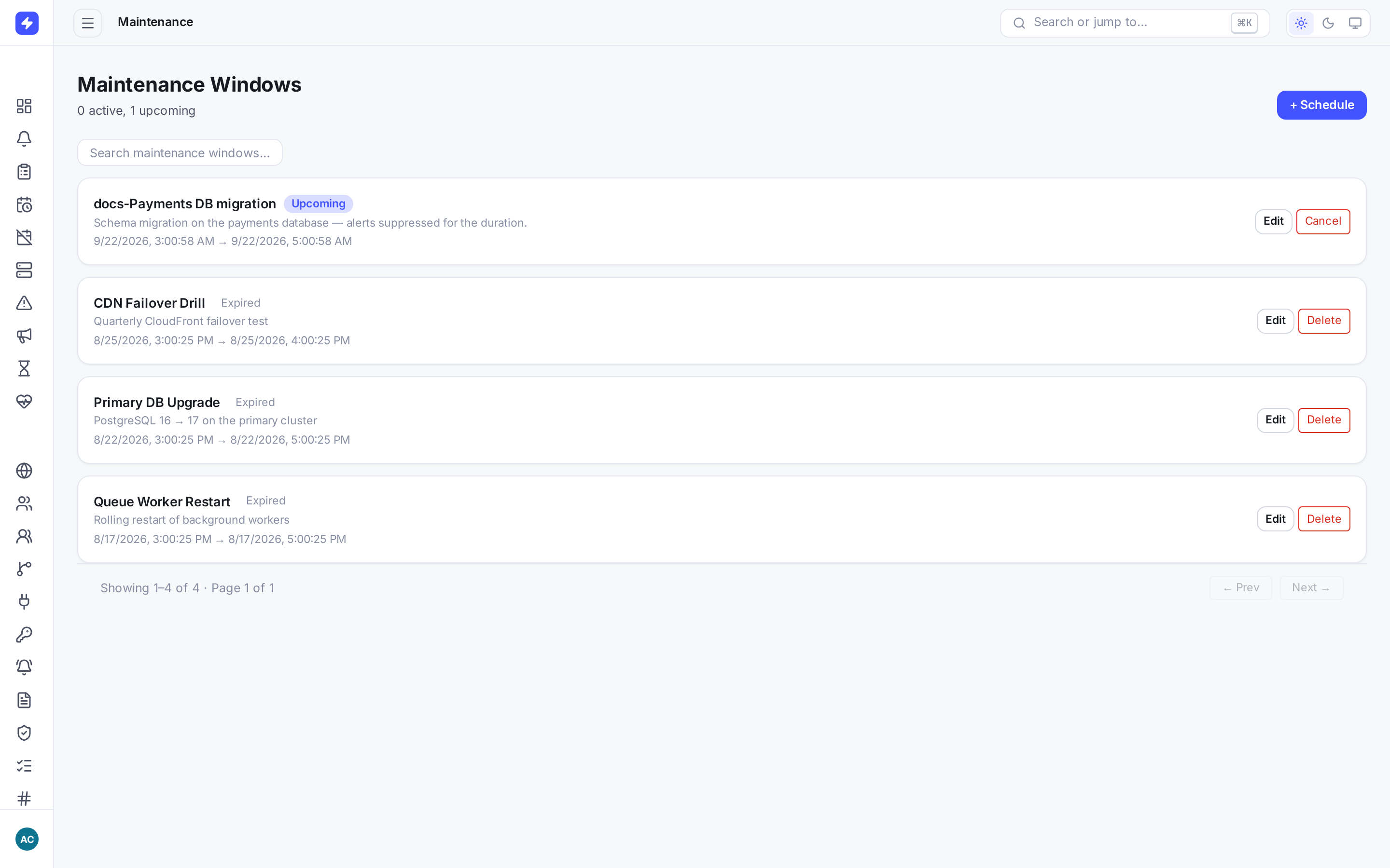 Maintenance windows page with an upcoming Payments DB migration window