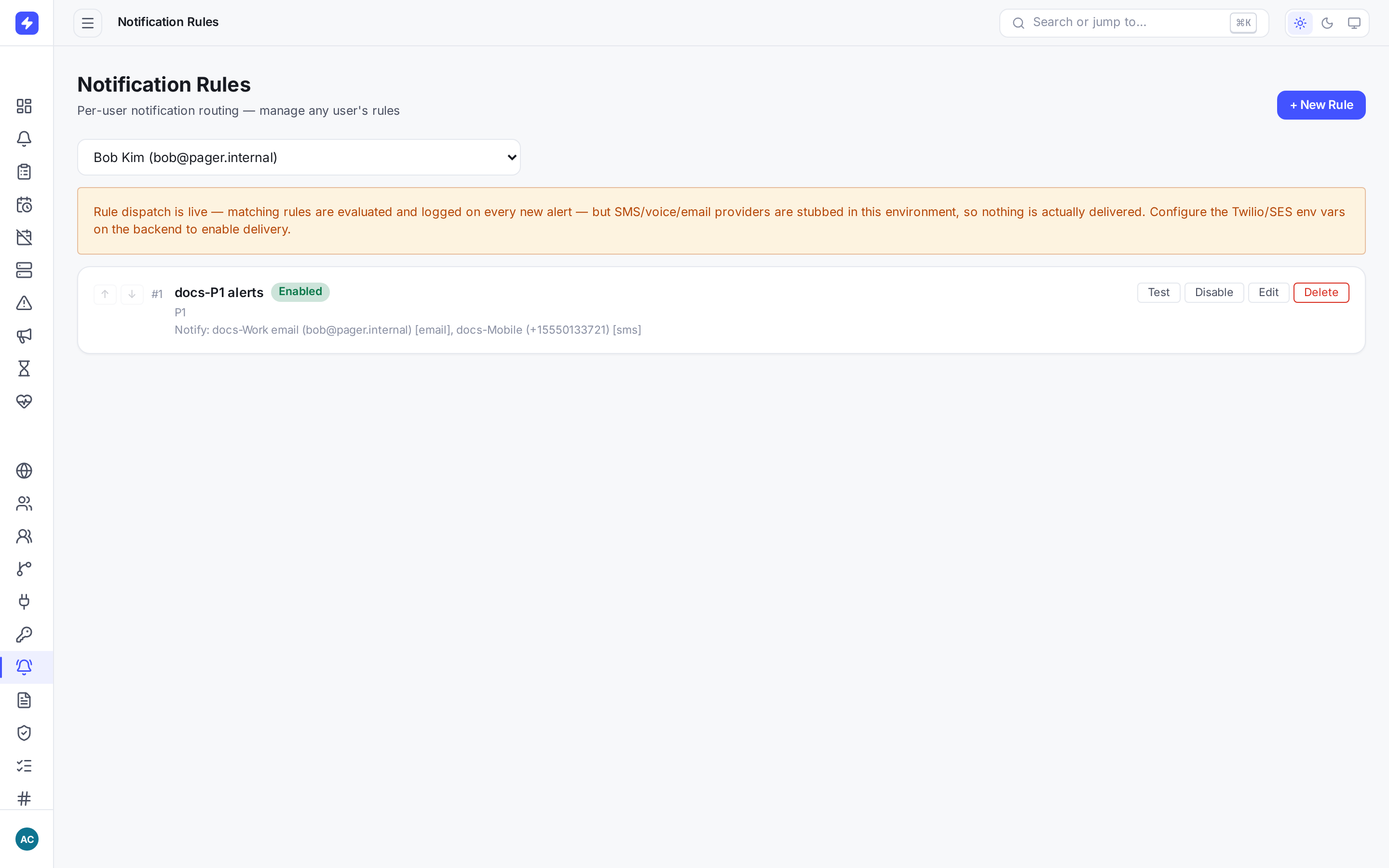 Notification rules page with Bob Kim selected, showing a rule that matches P1 alerts