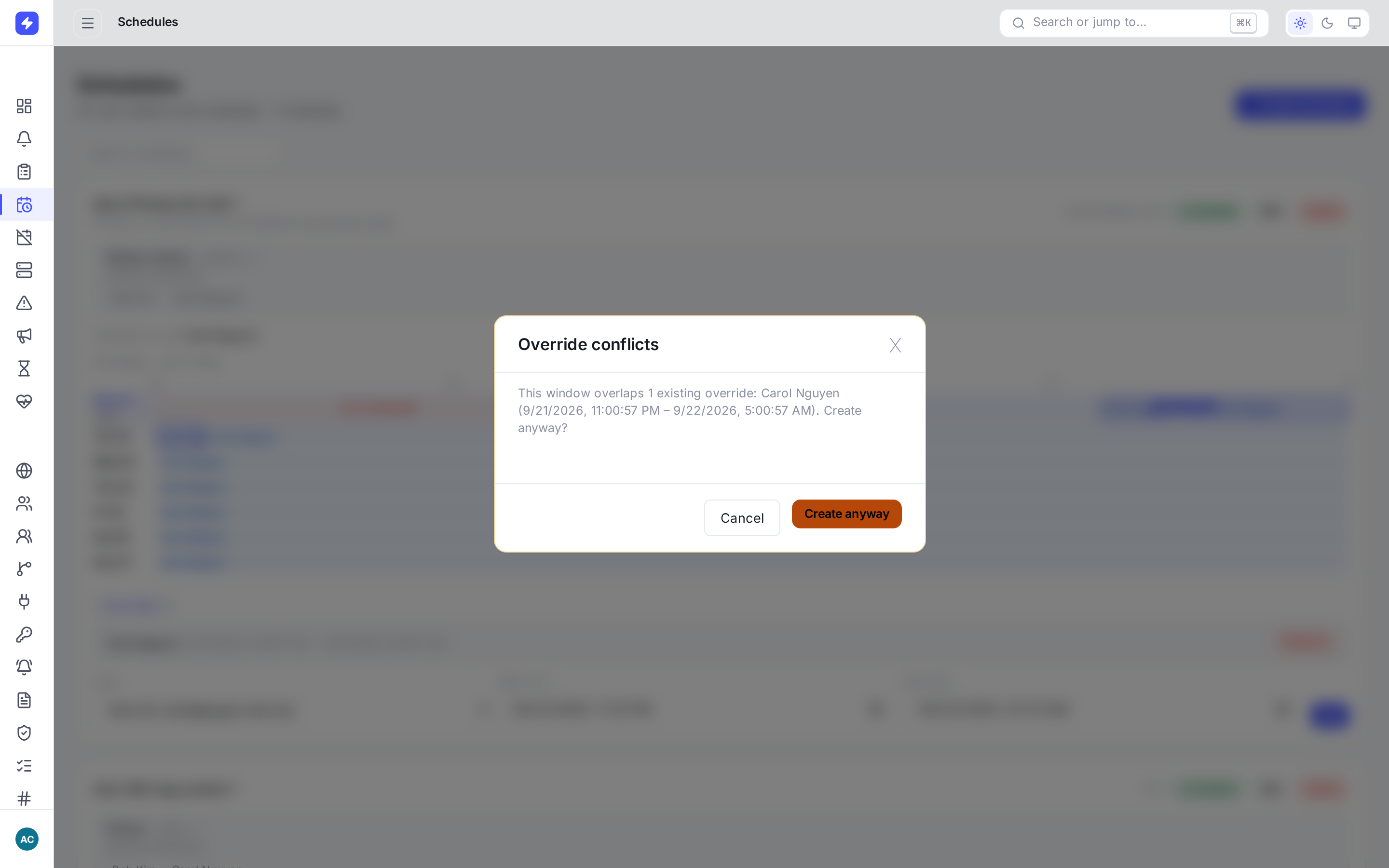 Override conflicts dialog warning that the new override overlaps an existing one