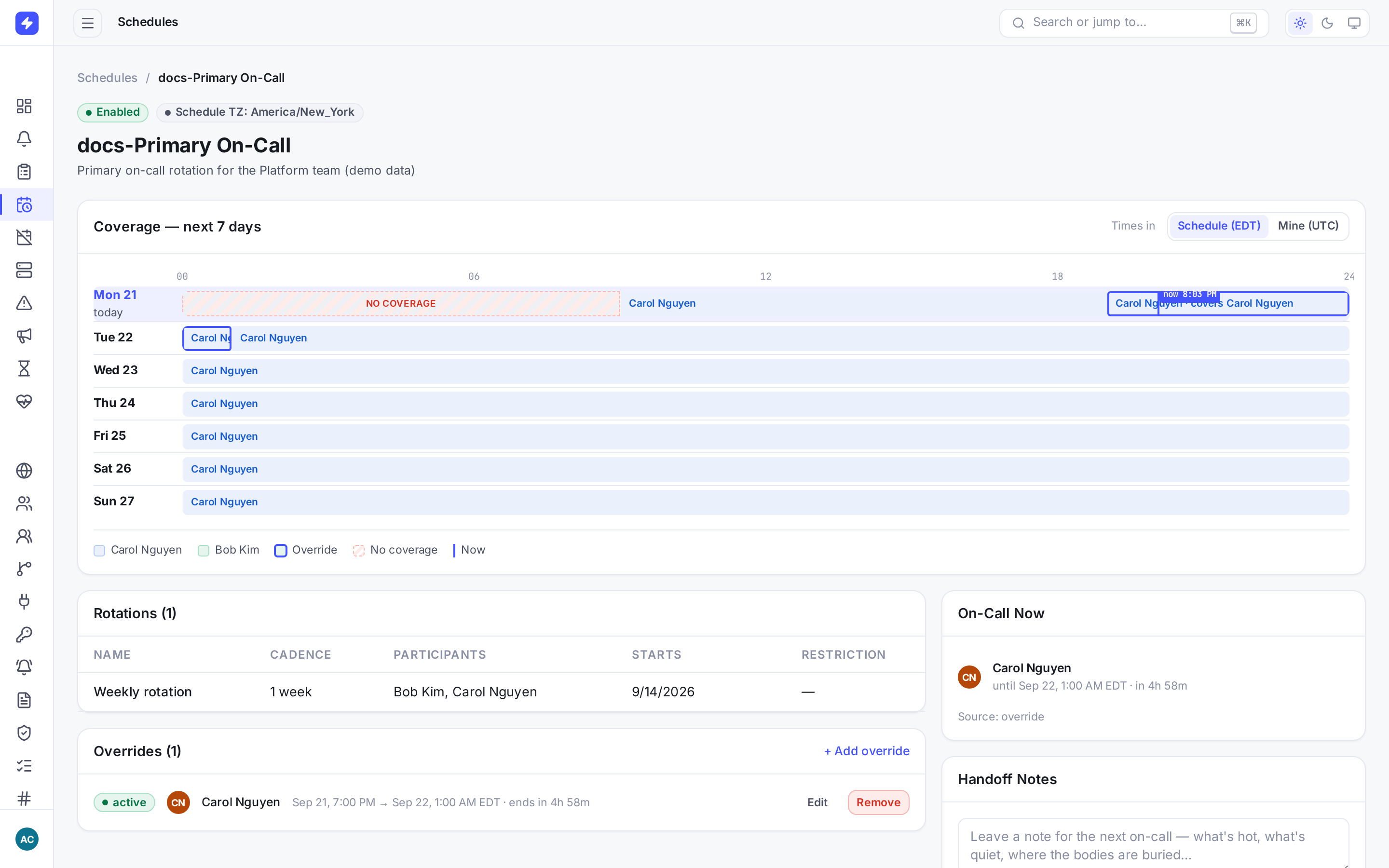 Schedule detail page with On-Call Now section showing an active override and the rotations table