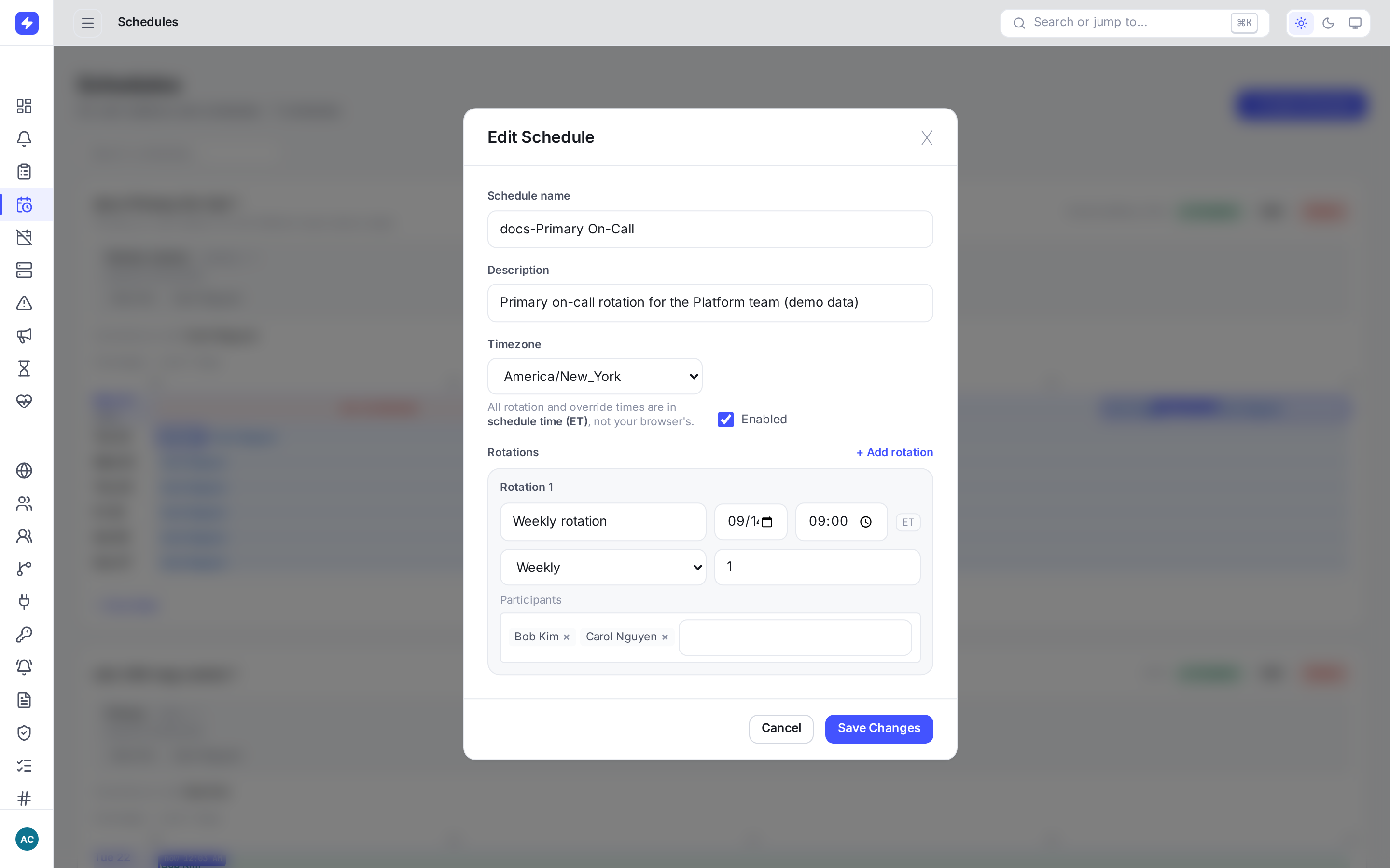 Edit Schedule modal with the rotations editor showing a weekly rotation with two participants