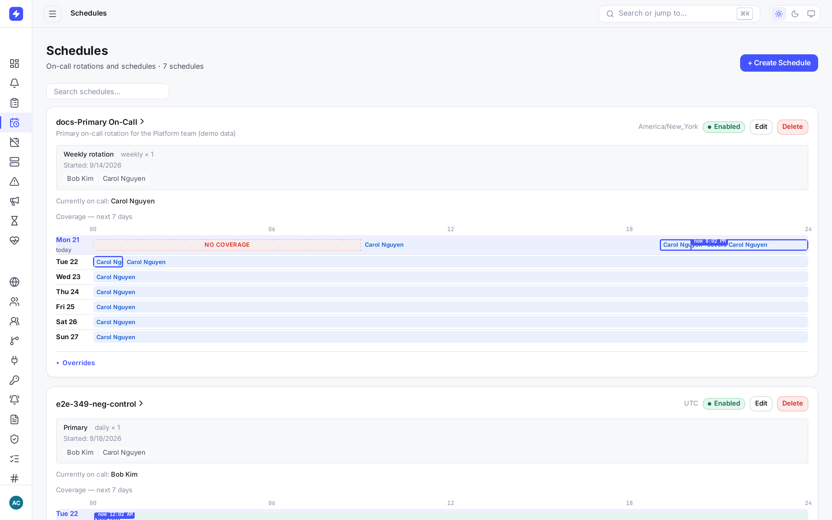 Schedules list with the Primary On-Call card showing a weekly rotation between two users and the current on-call person