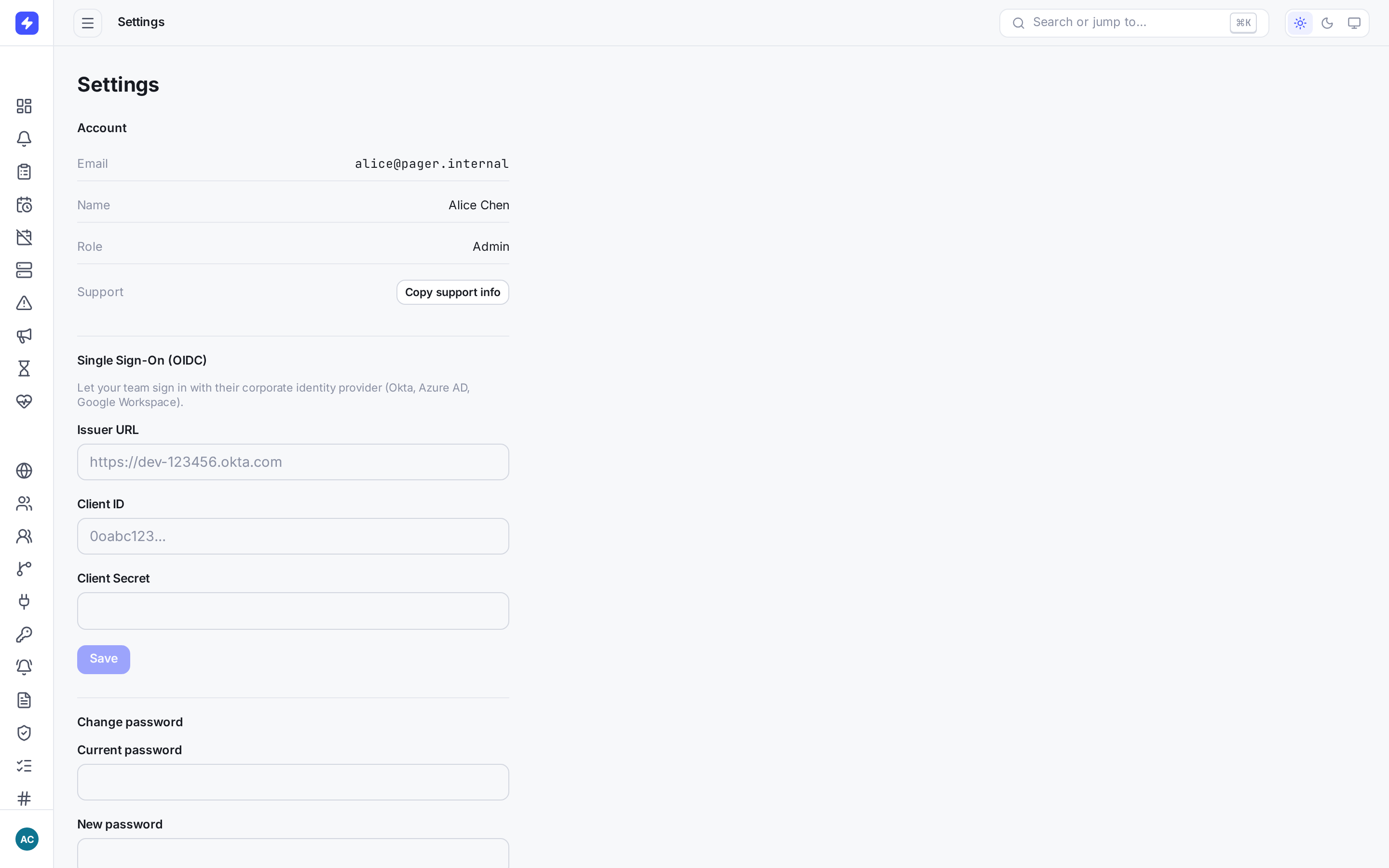 Settings page showing account information and security options