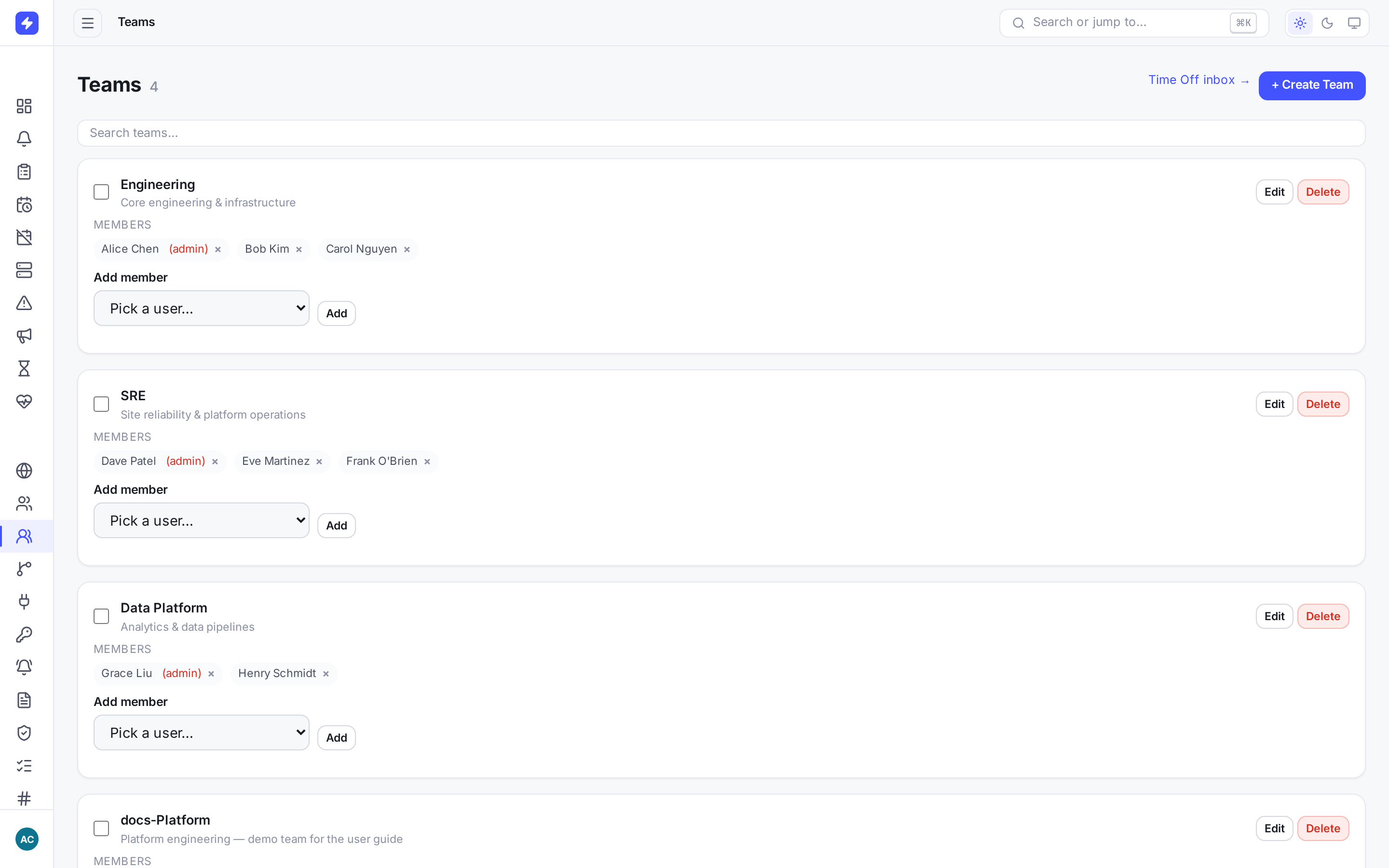 Teams page showing the Platform team with three members