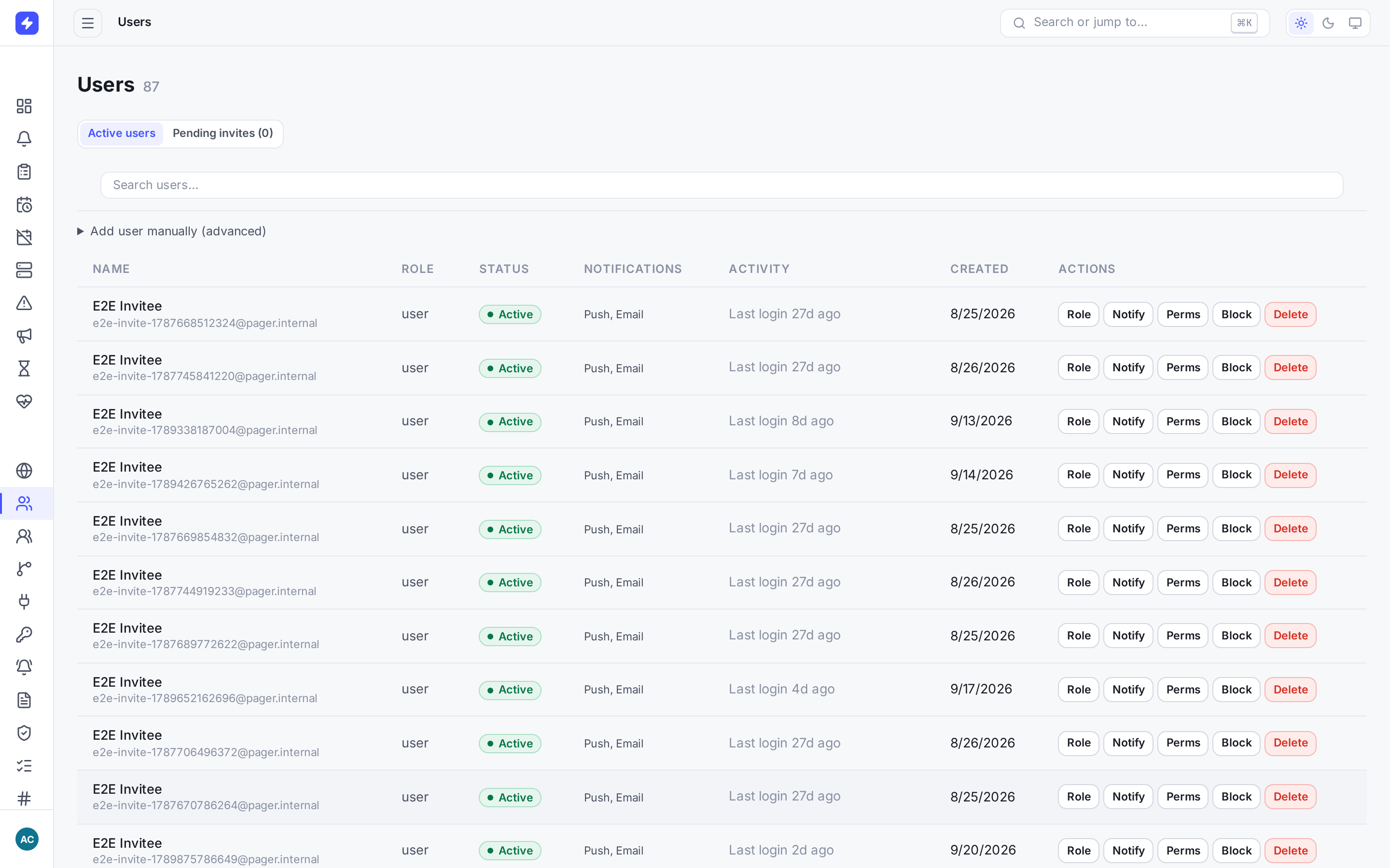 Users list showing team members with role and block controls
