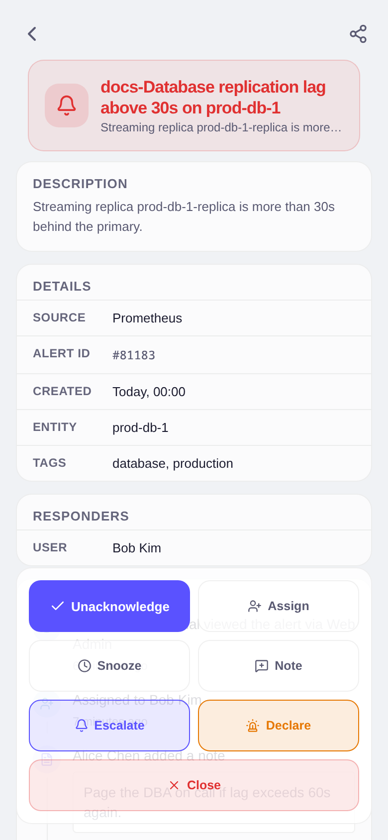 Mobile alert detail for a P1 alert showing the activity timeline and action bar