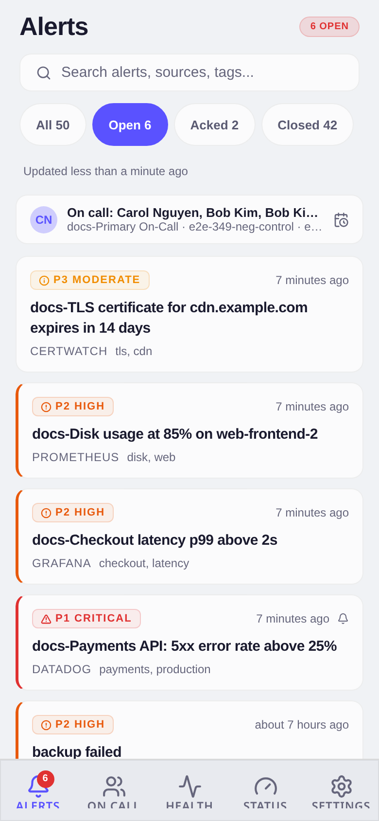 Mobile alerts tab showing P1 and P2 alert cards with the on-call banner