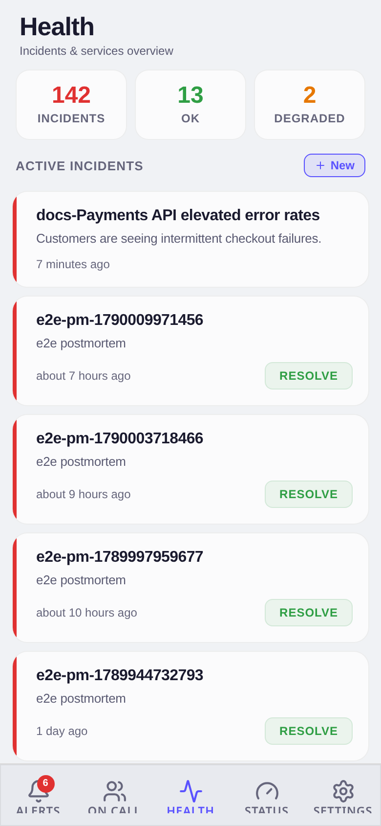 Mobile health tab showing incident and service status cards