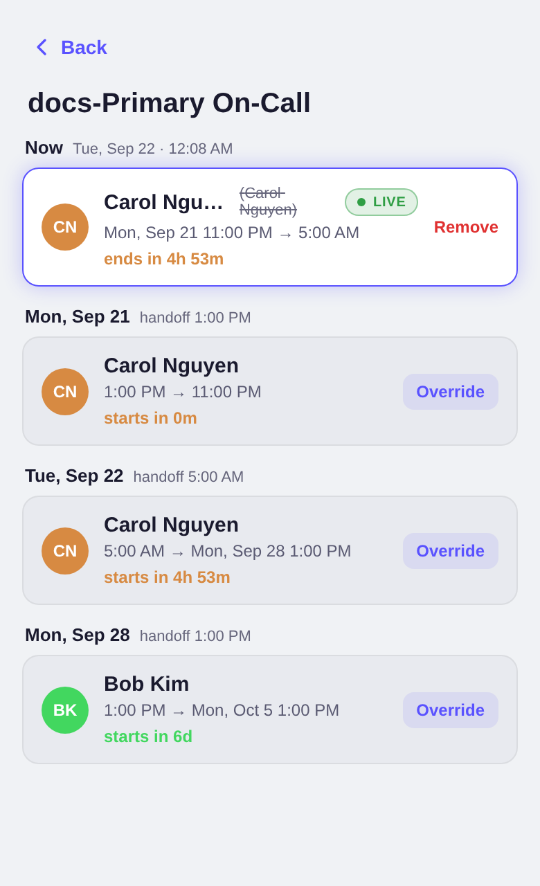 Mobile on-call view with 24-hour timeline per schedule