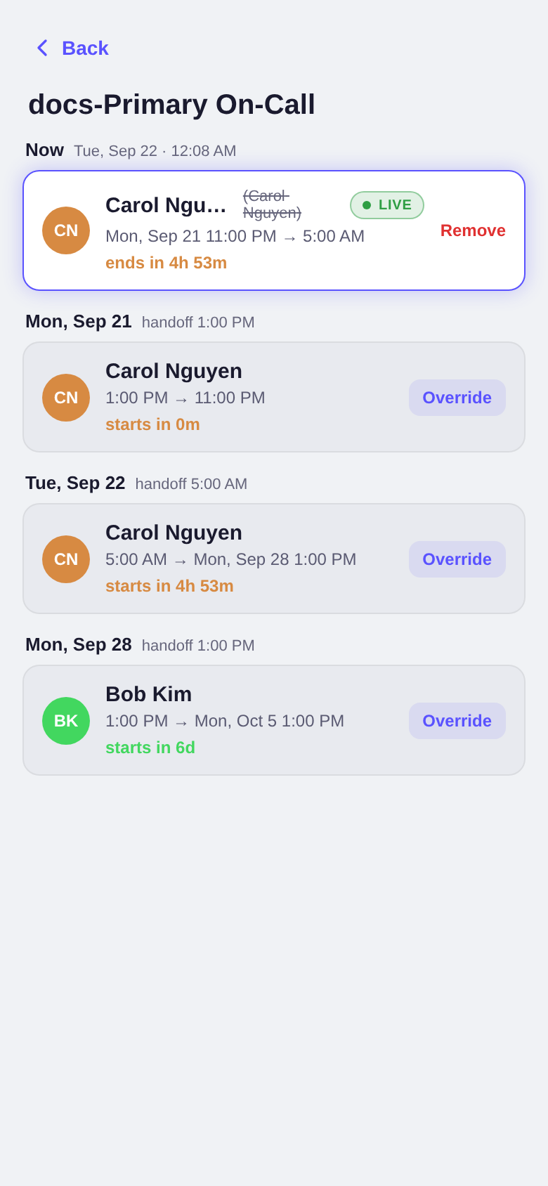 Mobile schedule detail showing the overrides section and a week of shifts
