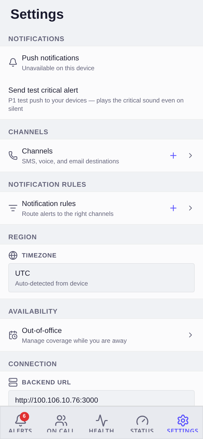 Mobile settings screen with backend URL, API key fields and test connection button