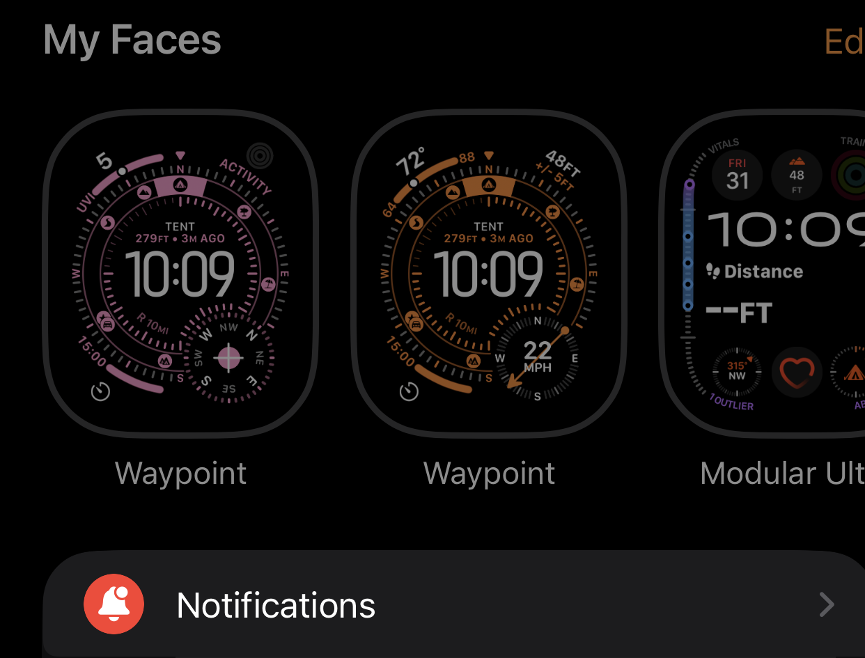 The Watch app showing watch faces with a Notifications row below